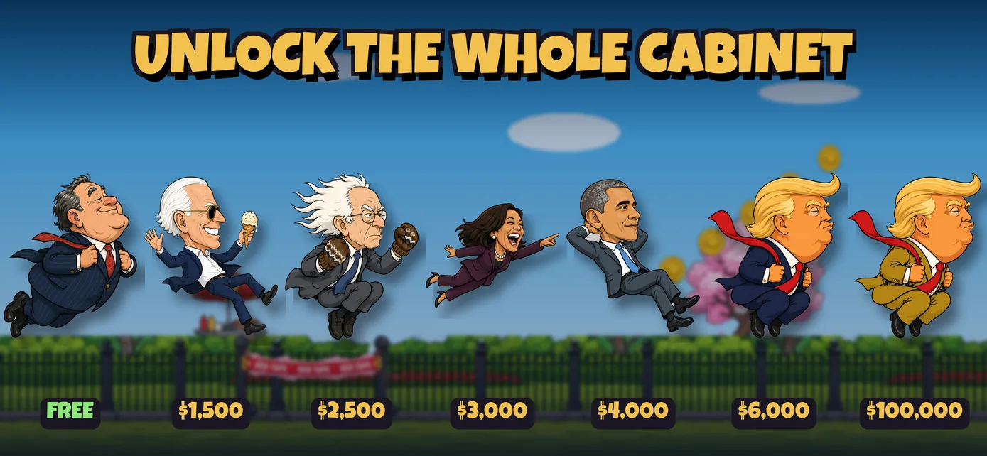 Seven caricature politicians in a row with unlock prices from free to one hundred thousand coins