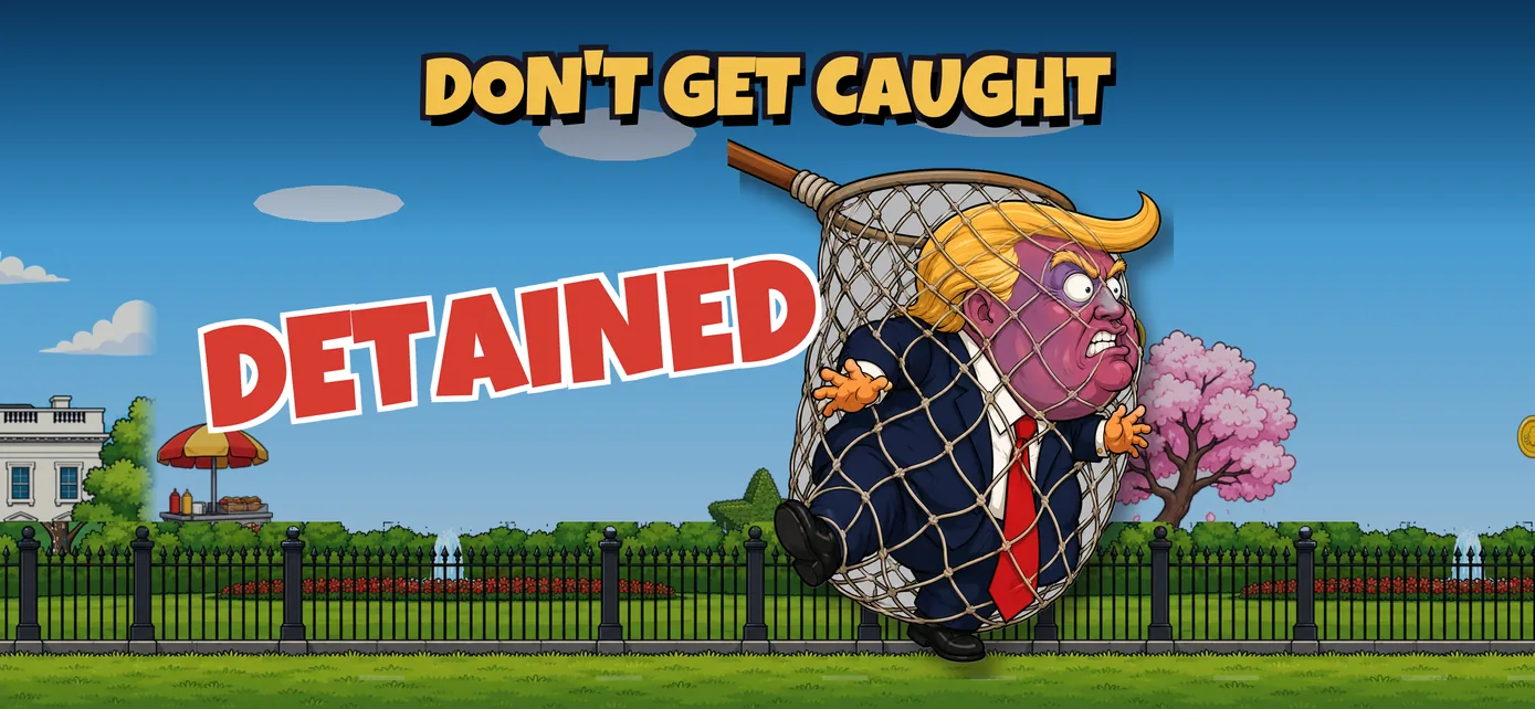 An agent drops a net on the politician under a large DETAINED banner